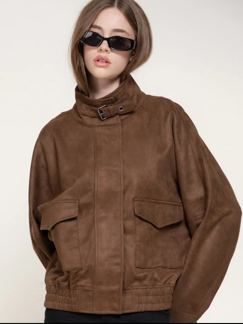 A566 Brown Faux  Suede Bomber Jacket with Buckle Collar